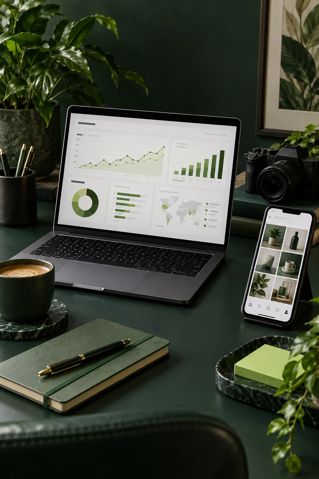 Campaign analytics and social content tools on a green workspace